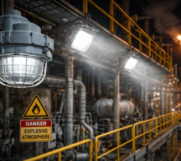 Explosion proof flood lights used in hazardous industrial environments