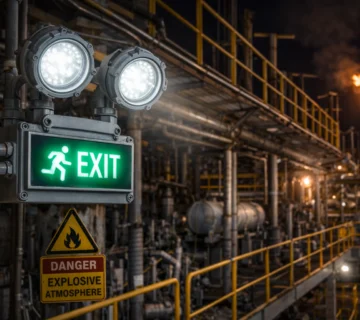 Explosion proof emergency and exit lighting used in hazardous industrial environments