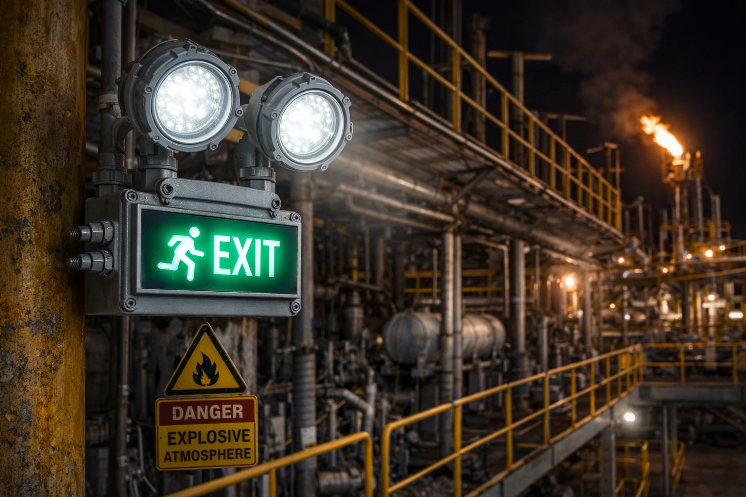 Explosion proof emergency and exit lighting used in hazardous industrial environments