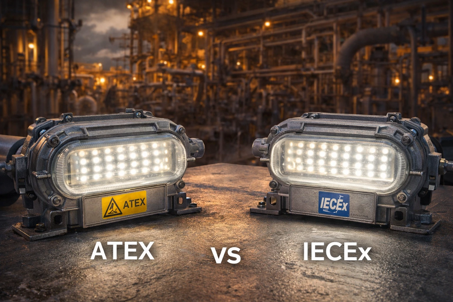 ATEX vs IECEx explosion proof LED lighting comparison in hazardous industrial environments