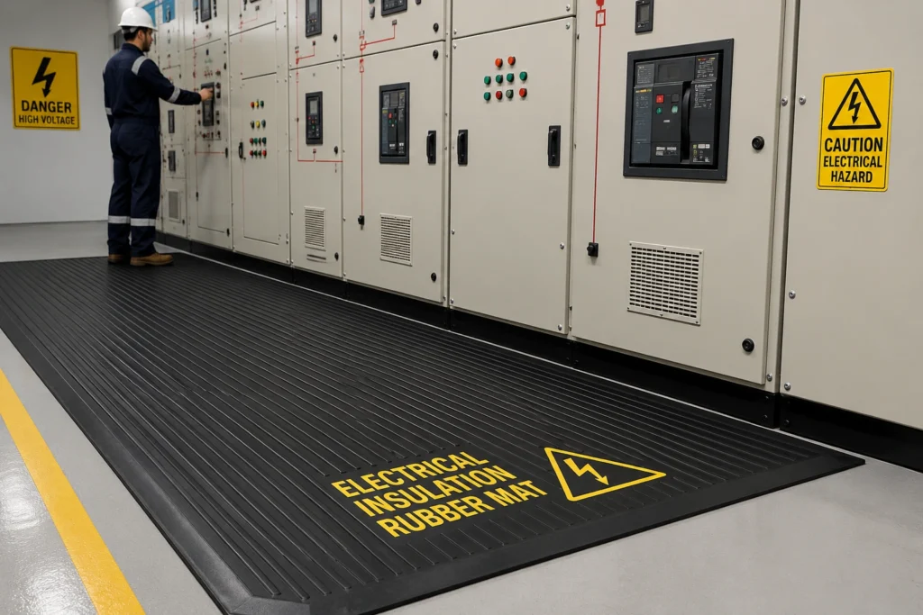 Electrical insulation rubber mat installed in industrial switch room in UAE