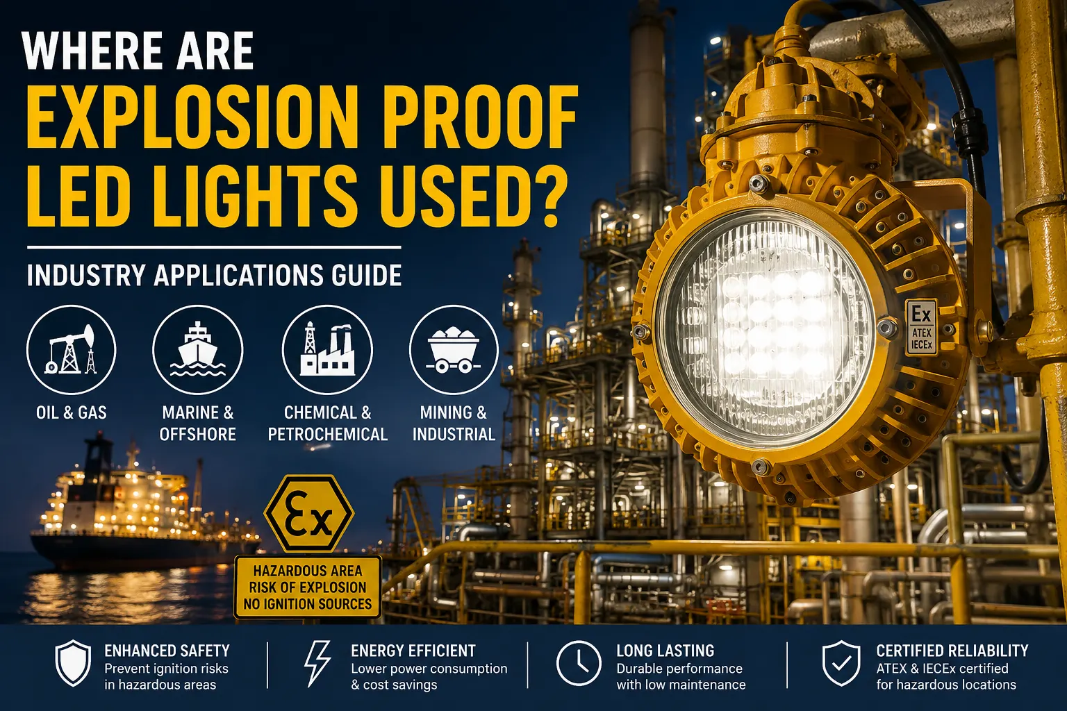 Explosion proof LED lights used in hazardous industrial and offshore environments