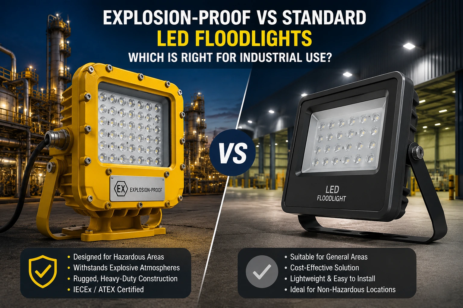 Comparison of explosion proof and standard LED floodlights used in industrial environments
