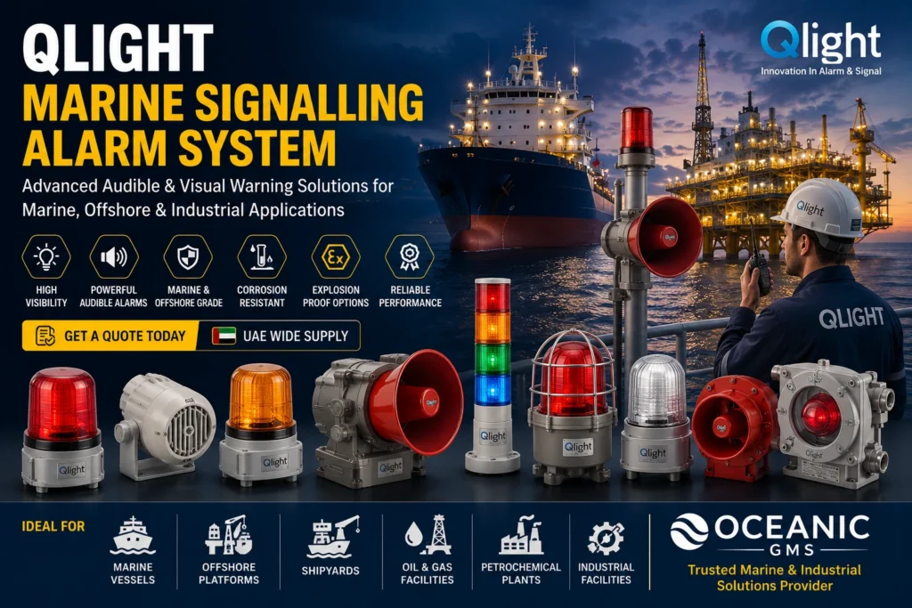 Qlight Marine Signalling Alarm System UAE with audible visual warning lights, signal beacons and alarm systems for marine, offshore and industrial applications
