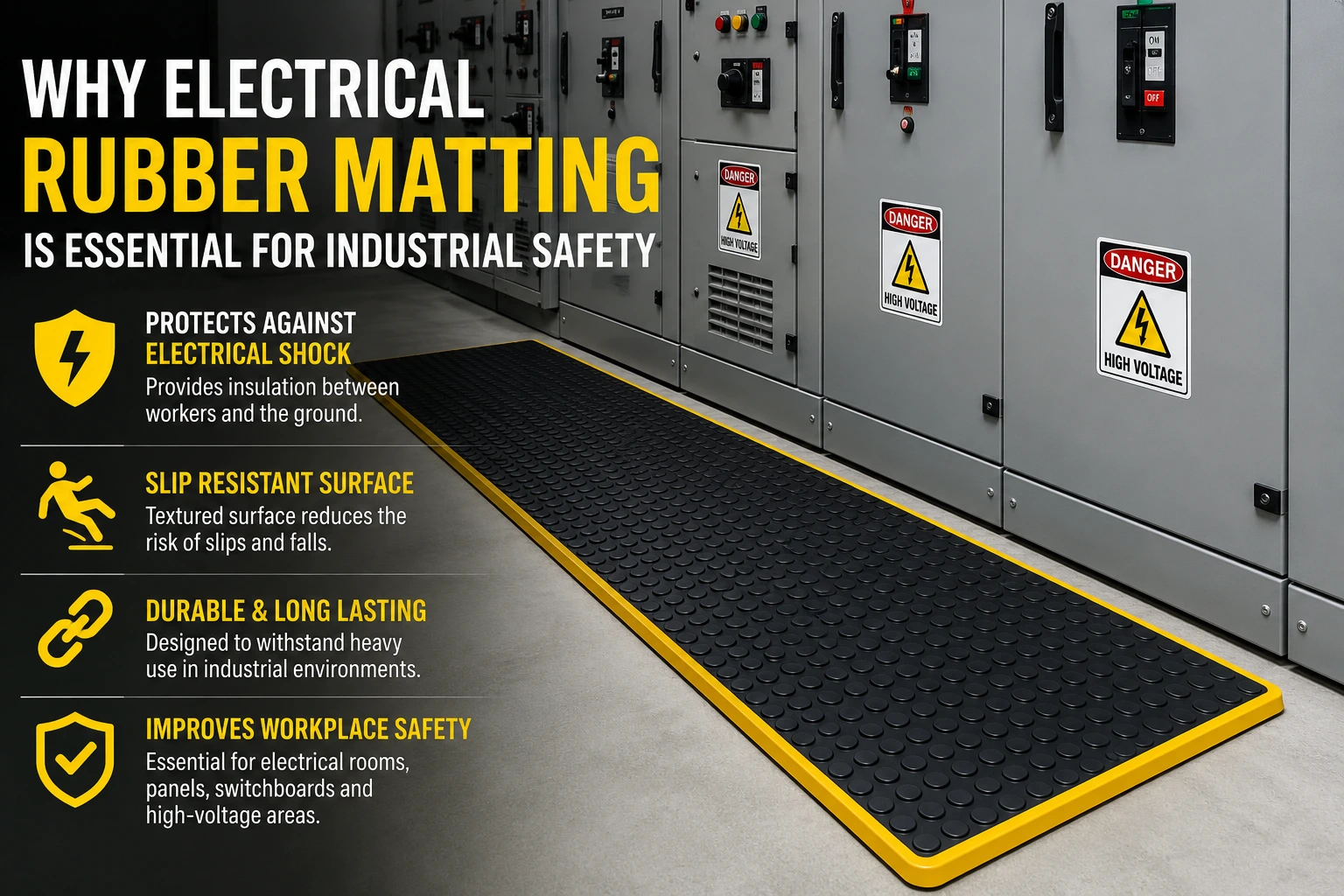 Electrical rubber matting installed in front of industrial electrical panels