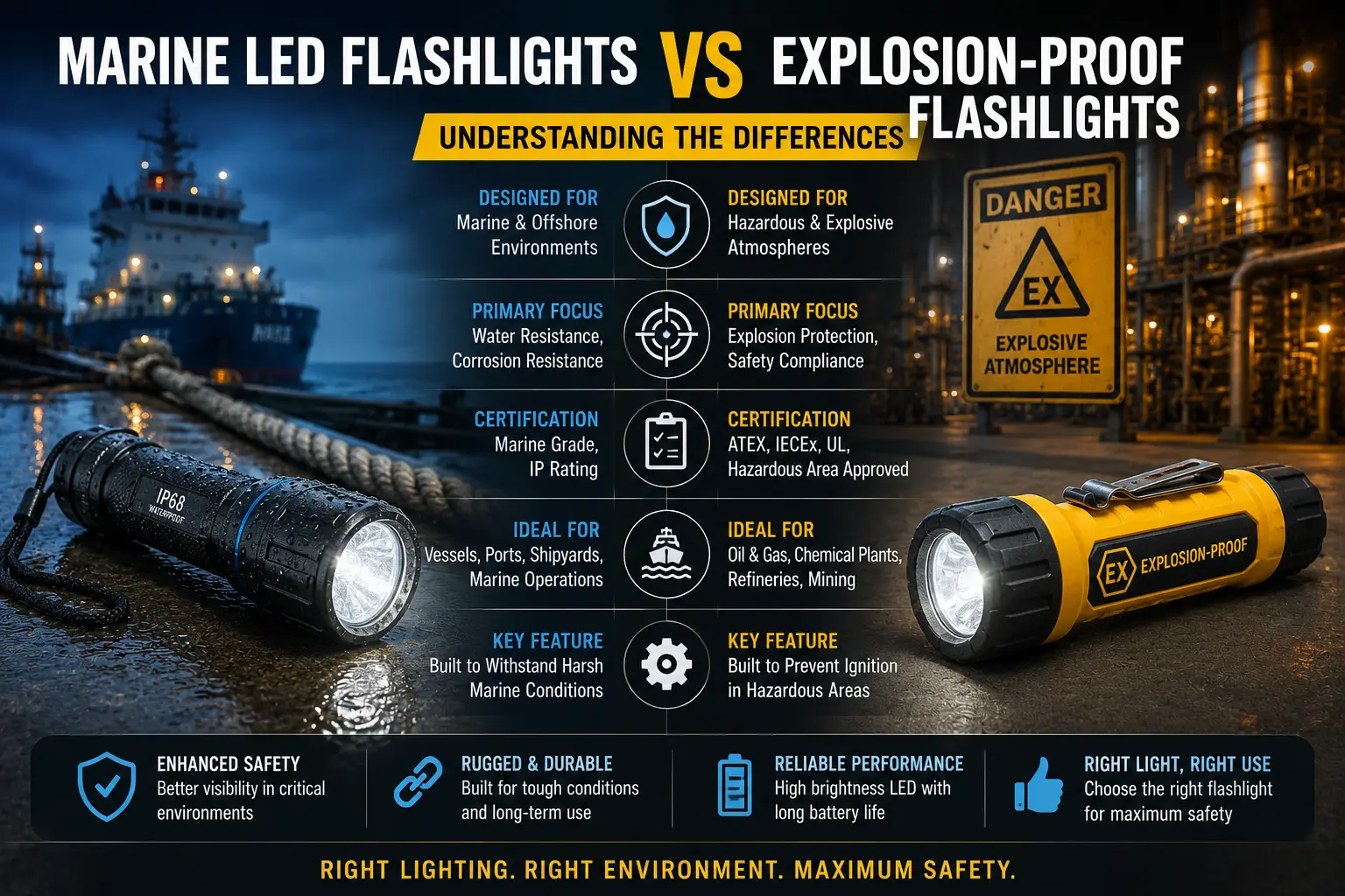 Comparison of marine LED flashlights and explosion proof flashlights used in marine and hazardous industrial environments